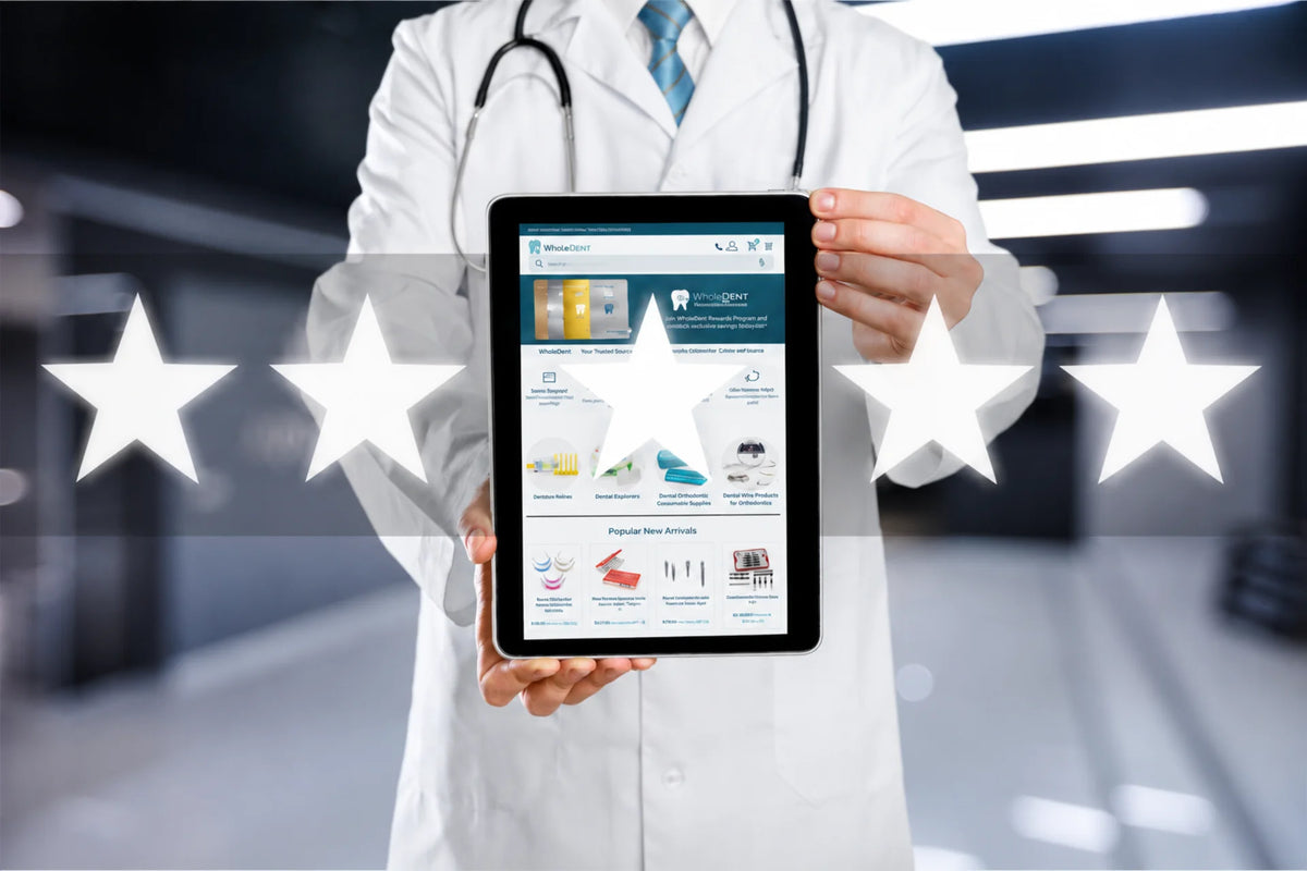 Dentist holding a tablet displaying the WholeDent.com homepage with a five-star customer rating graphic.