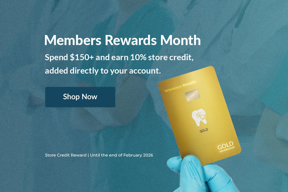 Mobile WholeDent Rewards Month banner promoting 10% store credit on orders over $150, added directly to your account, available until end of February 2026.