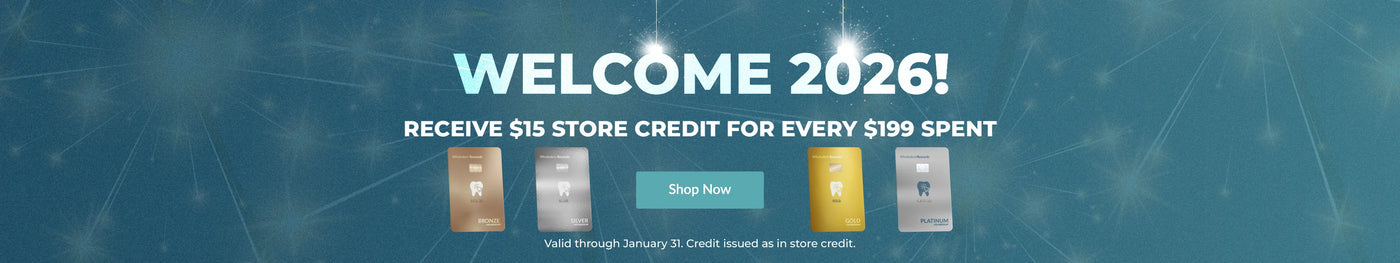  Promotional banner for a wholedent.com store credit offer in 2026 with a blue gradient background. 