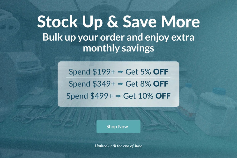  Promotional banner with discount information on a blurred background of medical supplies. 