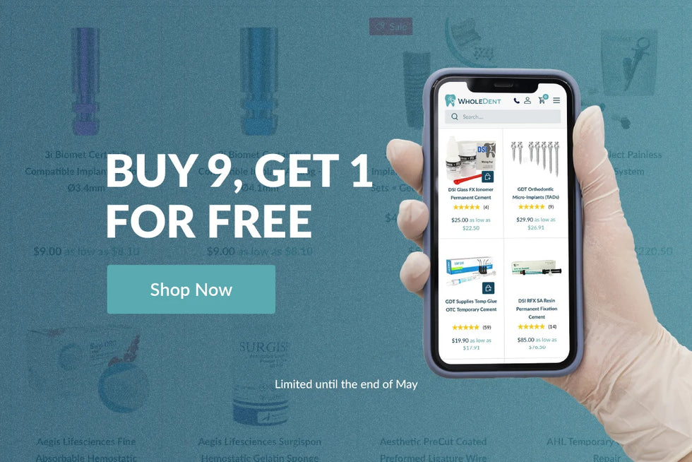  Promotional banner showing phone with Wholedent.com homepage with text: Buy 9 dental products, get 1 free  