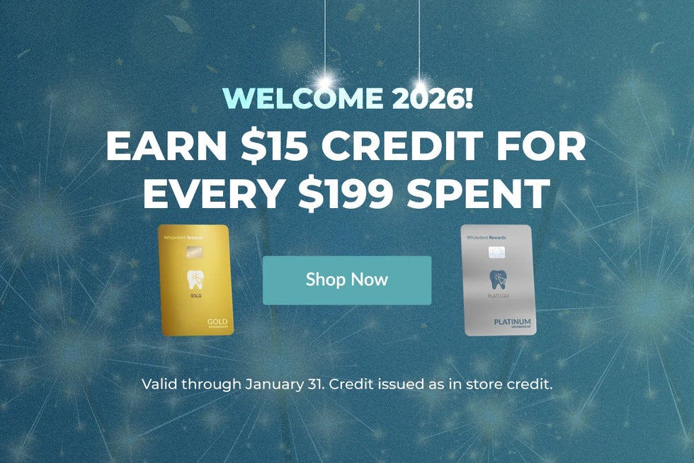  Promotional graphic for a credit offer by wholedent.com  with product images and text on a blue background. 