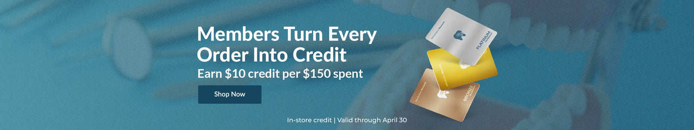  Promotional banner with text 'Members Turn Every Order Into Credit' and an icon of a credit card on a blue background. 