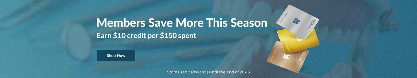  Wholedent Rewards membership banner with platinum, gold, and bronze cards offering $10 store credit for every $150 spent, valid through 2025 